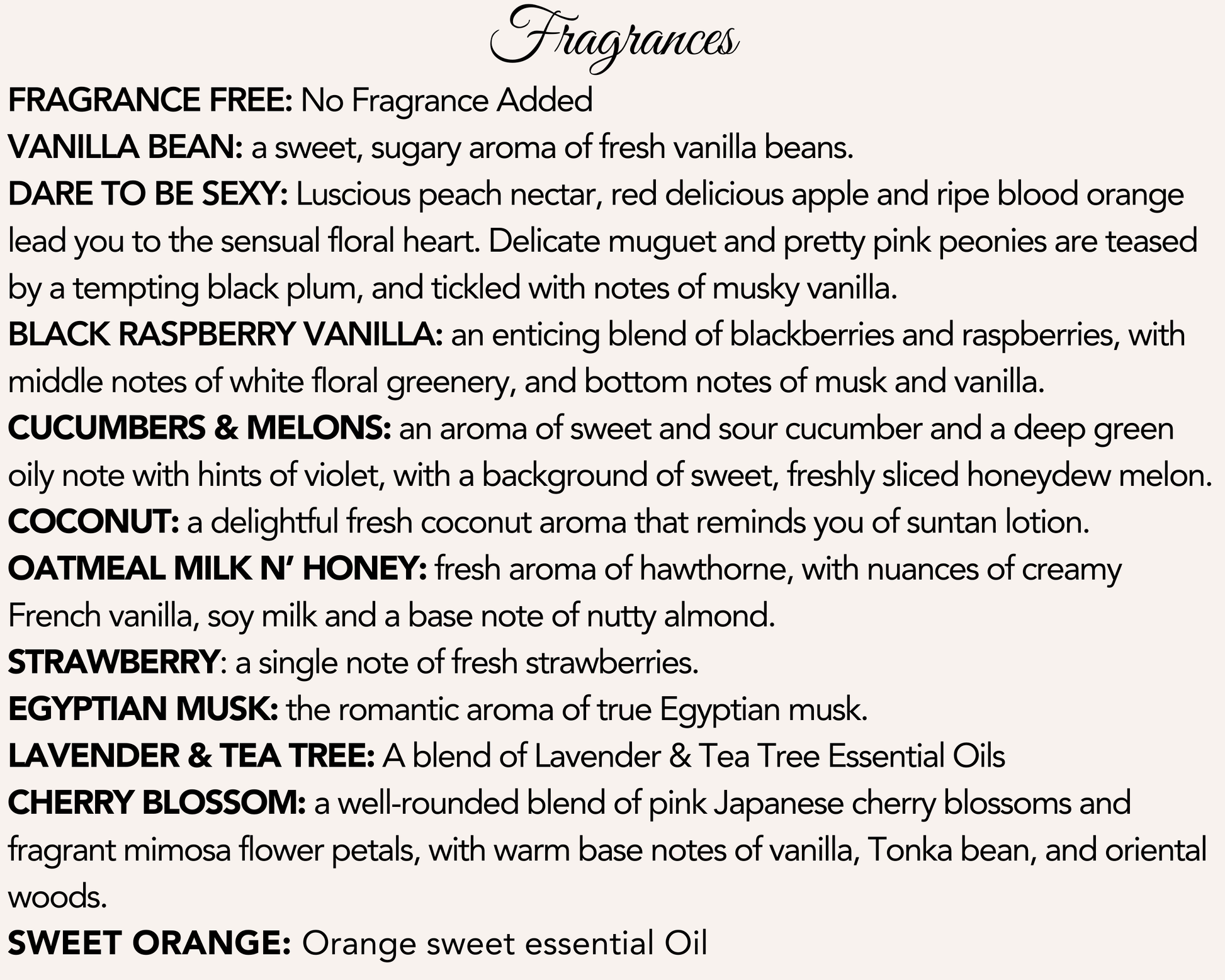 "List of fragrances including vanilla bean, raspberry vanilla, coconut, cherry blossom, and sweet orange, with detailed descriptions."