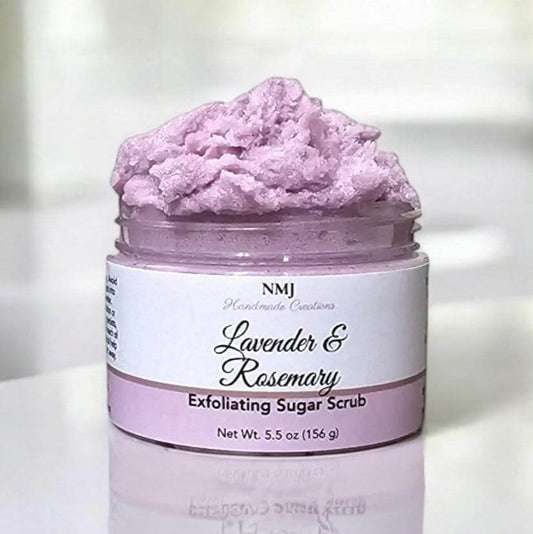 Exfoliating Sugar Scrub Lavender Rosemary 5.5 oz by NMJ for smooth glowing skin, infused with essential oils.