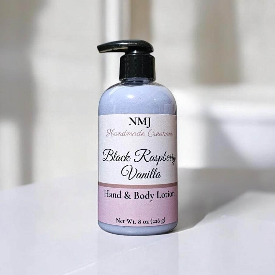 Hand and Body Lotion, Black Raspberry Vanilla scent, 8 oz bottle by NMJ, moisturizing skin care with natural oils and butters.