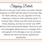 Shipping details notice with information on standard and priority shipping times, USPS delivery, and damage reporting instructions.